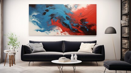 Modern living room with a painting of blue and red color on the wall, interior design with sofa and chairs