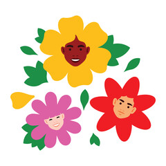 Flowers with a baby faces. Cute little girls and boy smiling surrounded by flowers petals. Childhood concept. Colorful vivid illustration in minimalist style. Best for cover, poster, banner