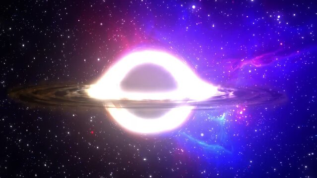 Supermassive black hole flies in the foreground against the background of a galaxy, a starry sky
