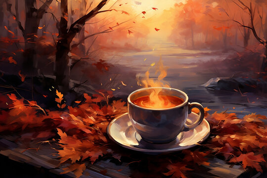 Cozy Autumn Vibes, Coffee Illustration on a Rustic Background