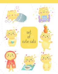 set of cute cat daily routine illustration 