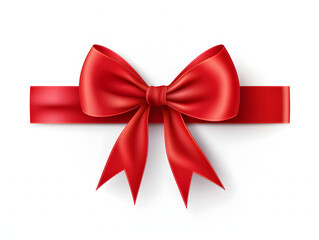 Fototapeta premium A vibrant red ribbon bow elegantly crafted, set against a pure white background. The bow's intricate design and rich hue make it a focal point, perfect for celebrations and special occasions
