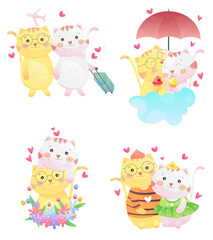 set of cute cat couple vector illustration