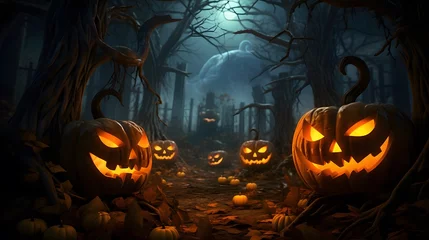 Gordijnen Halloween pumpkins in the forest at night.Halloween background with Evil Pumpkin. Spooky scary dark Night forrest.  © mandu77