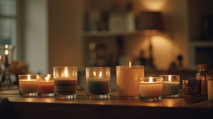 Warm cozy home interior with burning candles, afternoon room decoration, creative decor arrangement.