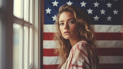 serene woman at home wrapped the flag for us by the window