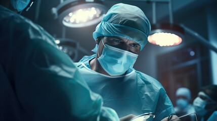 This hyper-realistic stock image offers a detailed portrayal of a surgical procedure in an operating room. The healthcare professional is dressed in surgical scrubs