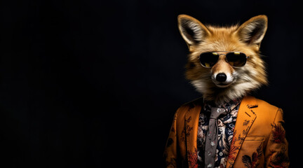 Cool looking fox wearing funky fashion dress - jacket, tie, glasses. Wide banner with space for text at side. Stylish animal posing as supermodel. Generative AI