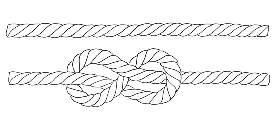 Set of knotted ropes cords eight knots. Nautical thread whipcord with loops and noose. Twisted, braided, folded, spiral fiber. Illustration hand drawn graphic in black on white. © Nataliia
