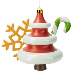 New year's ornaments 3d illustration. Christmas tree, candy cane and snow flake cookie. Bright festive toys