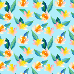  Seamless pattern of watercolor tropical orabge pink and yellow flowers and blue green leaves. Hand drawn illustration. Botanical hand painted floral elements on light blue background.