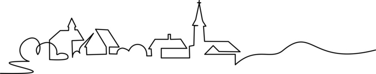 Village with church. Continuous one line art drawing style.