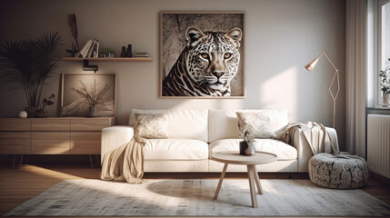 White and wooden living room corner with sofa and poster