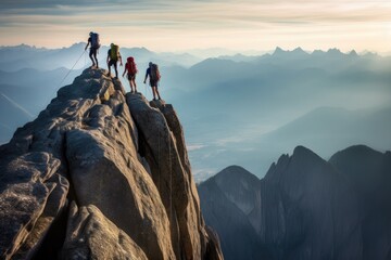 A team of climbers at the top of a high mountain in the light of the setting sun. - Powered by Adobe