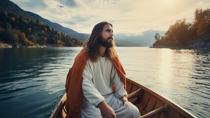 Fototapeta premium Jesus Christ on the lake in a boat