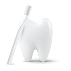Vector 3d Realistic Tooth with Toothbrush Isolated on White Background. Medical Dentist Design Template, Clipart. Dental Health Concept
