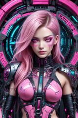 Fototapeta premium Portrait of a futuristic female with pink futuristic dress technology expert, tuner, or hacker. Pink theme cyborg woman.