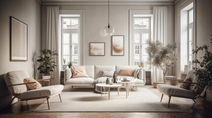 Fototapeta premium White sofa and armchairs in scandinavian style home interior design of modern living room.
