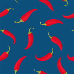 Vector Seamless Pattern with Red Hot Chili Peppers on Blue Background. Spicy Chili Hot or Bell Pepper, Design Template for Textile, Apparel, Wallpaper Print