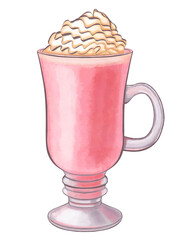 Pink latte with whipped cream watercolor illustration on transparent background