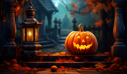 Halloween holiday background. Halloween scary pumpkins head jack lanterns with burning candles in dark spooky mystery forest with Horror house, Halloween Party Card. digital ai