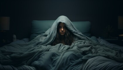 Depressed girl under the covers in her bed. The girl covered herself with a blanket with her head, she had a terrible dream. A beautiful girl is sick, a woman is sad in her bed. Apathy created in AI.