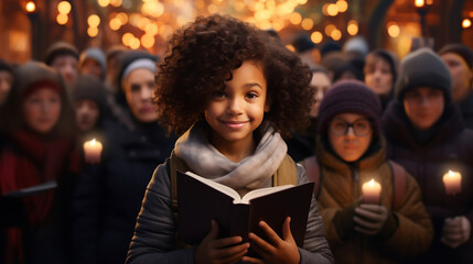 A black mixed race girl holding a christmas carol book at Christmas carol, crowd holding candles in the background, christmas lights, winter snow nativity white Christmas Holidays