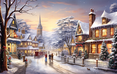 Fototapeta premium Christmas village with Snow in vintage style. Winter Village Landscape. Christmas Holidays. Christmas Card. digital ai