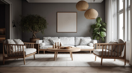 White sofa and armchairs in scandinavian style home interior design of modern living room.