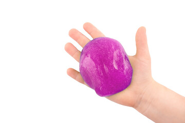 A child's hand holds a toy with purple slime on a transparent background. View from above.