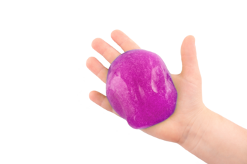 A child's hand holds a toy with purple slime on a transparent background. View from above.