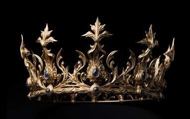 Exquisite gilded crown set against a backdrop of deep black. A creation of fantasy. - obrazy, fototapety, plakaty