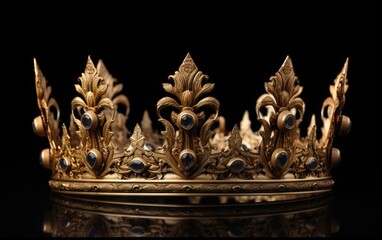 Exquisite gilded crown set against a backdrop of deep black. A creation of fantasy.