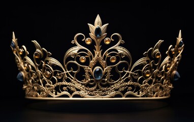 Exquisite gilded crown set against a backdrop of deep black. A creation of fantasy.