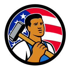 Mascot illustration of bust of John Henry, an American folk hero with sledgehammer with USA Stars and Stripes flag set inside circle viewed from side on isolated background in retro style.