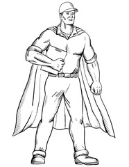 Fototapeta na wymiar Drawing sketch style illustration of a worker as a superhero wearing a cape and holding a clipboard standing viewed from front on isolated white background black and white.
