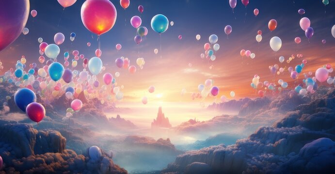 Drifting balloons amidst the whimsy of a pastel sky.