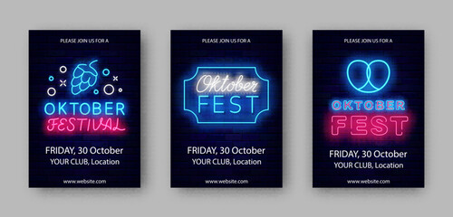 Oktoberfest neon vertical posters collection. Traditional event. Alcohol party. October evening. Vector illustration