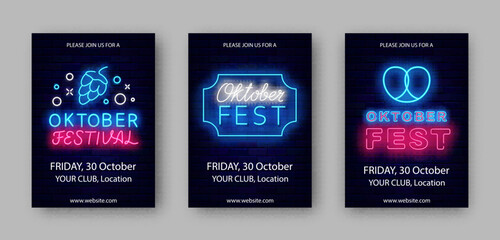 Oktoberfest neon vertical posters collection. Traditional event. Alcohol party. October evening. Vector illustration