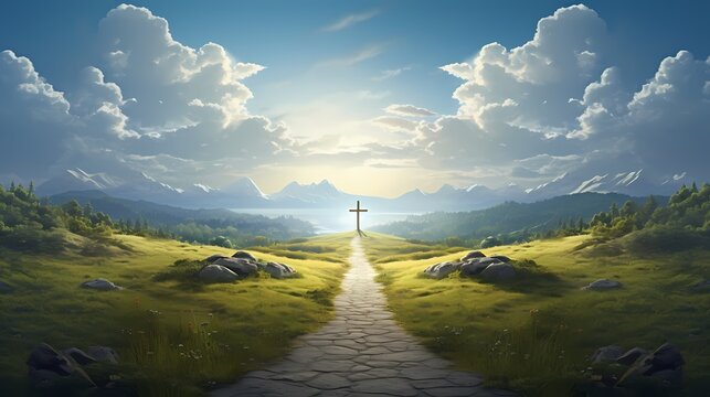 Gerader steiniger Weg zu einem Kreuz am Horizont mit Licht und Wolken