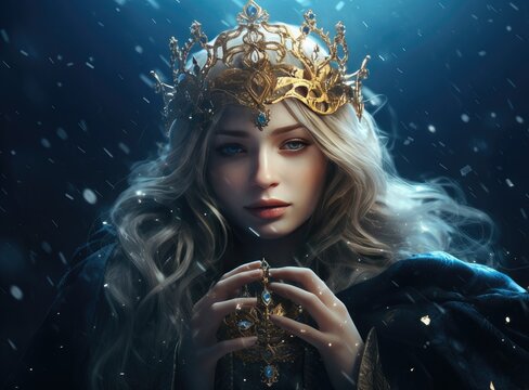 A touch of enigma and enchantment: An image capturing the allure of a woman's hand cradling a golden crown, suspended against a backdrop of deep gothic black.