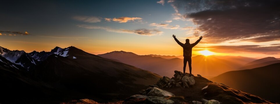 National Live Fearless Day, September 2. A fearless hiker is standing on an overhanging rock enjoying the view on sunset sky background. Live fearlessly.