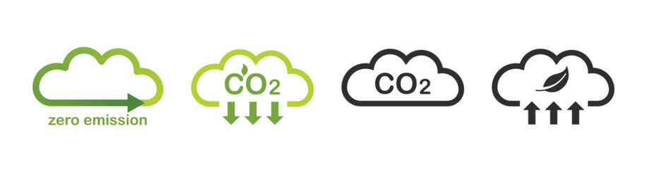 Fototapeta Carbon dioxide emissions. Green cloud and co2 reduction icon. Air pollution symbols. Vector illustration isolated on white background. obraz