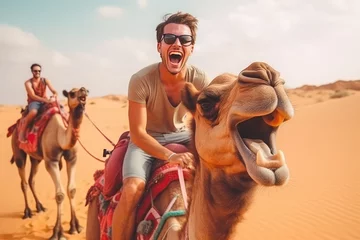 Foto op Plexiglas Happy tourist having fun enjoying group camel ride tour © Celina