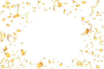 Abstract Pattern Vector Confetti with Gold Ribbons for Banner, Cover, Poster, Website, Placard, Advertising. 3D Geometric Background for Birthday, Holiday, Party, Festival. Vector illustration