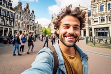 Happy tourist taking selfie picture in Amsterdam