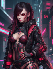 Naklejka premium Portrait of a futuristic female with red futuristic dress technology expert, tuner, or hacker. Red theme cyborg woman.
