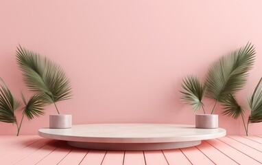 Wooden podium for the display of cosmetic products with tropical leaves. pink advertising background for the product.