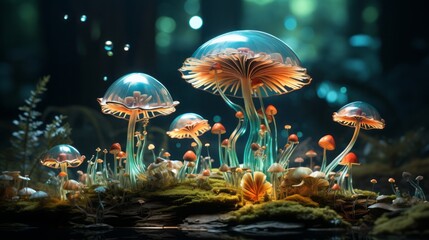 Fototapeta na wymiar A green fungus is sitting on top of green grass, in the style of intricate underwater worlds, digital art wonders, miniaturecore, vibrant color combinations,