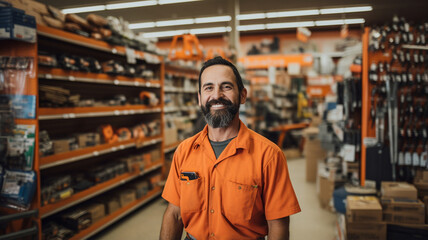 Portrait of a smiling worker in uniform standing at the workplace. warehouse worker in front of the camera.